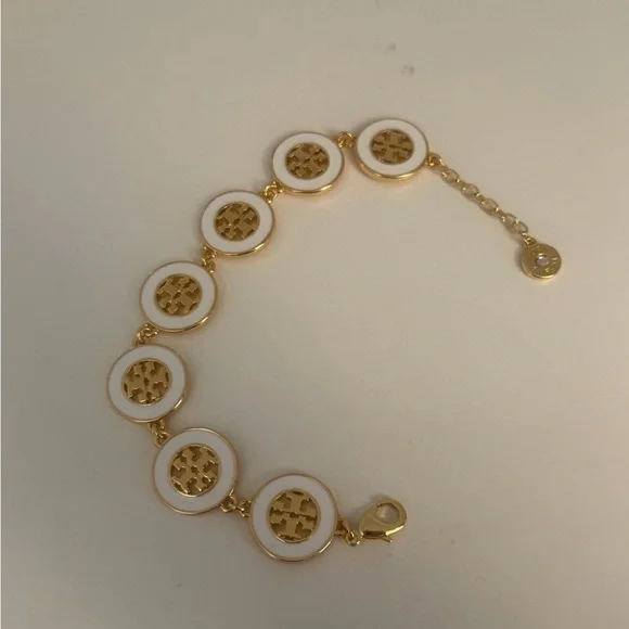 Authentic Tory Burch 18 Gold Plated White and Gold Enamel Logo Link Bracelet New - Picture 7 of 8